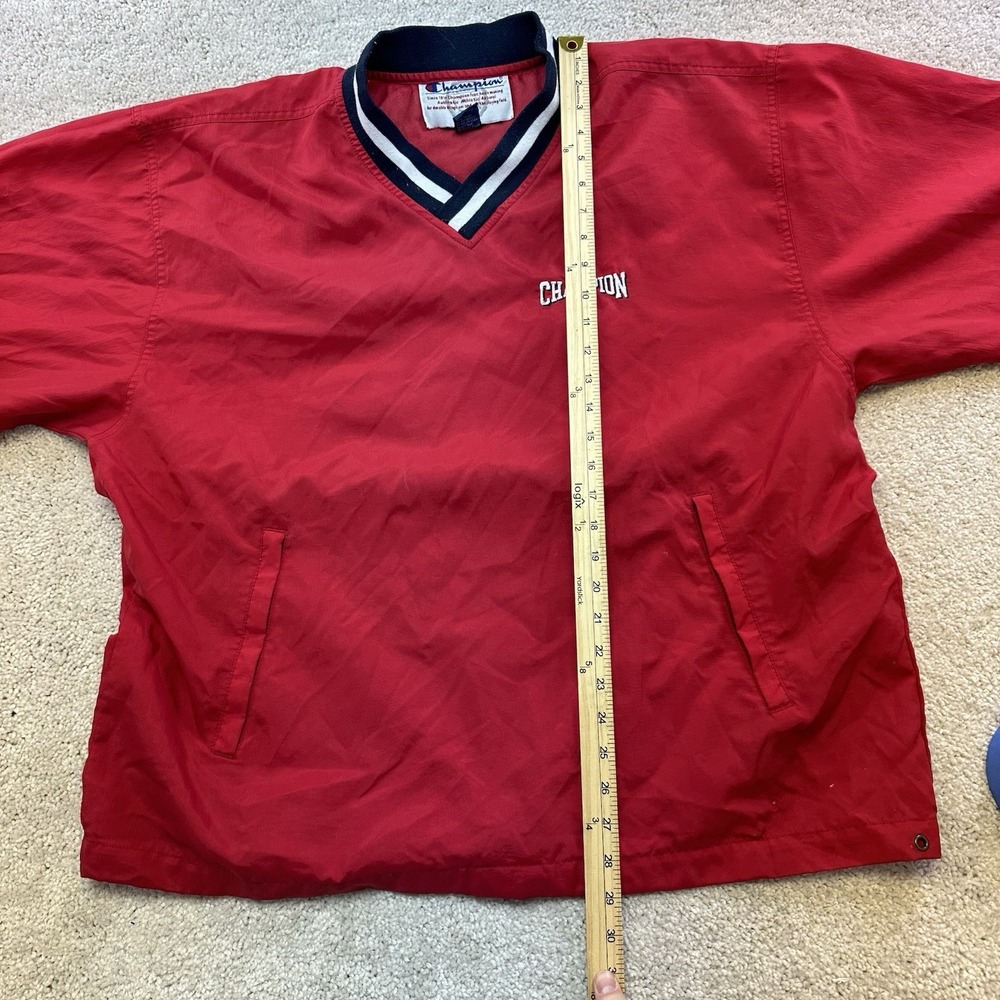 Vintage 90s Champion Nylon V-Neck Pullover Men's L Red Logo Windbreaker - Picture 9 of 11